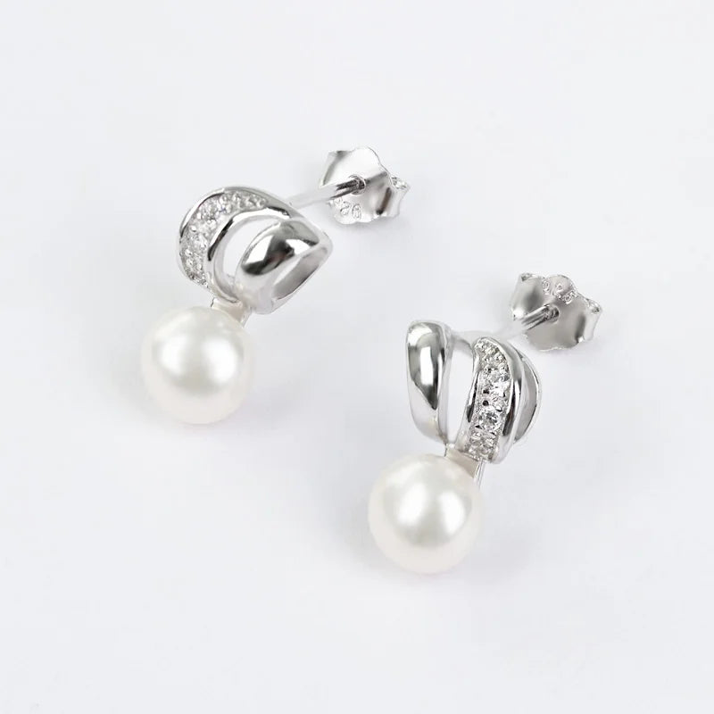 Minimalist pave set diamond geometric 925 sterling silver freshwater pearl stud earrings for woman