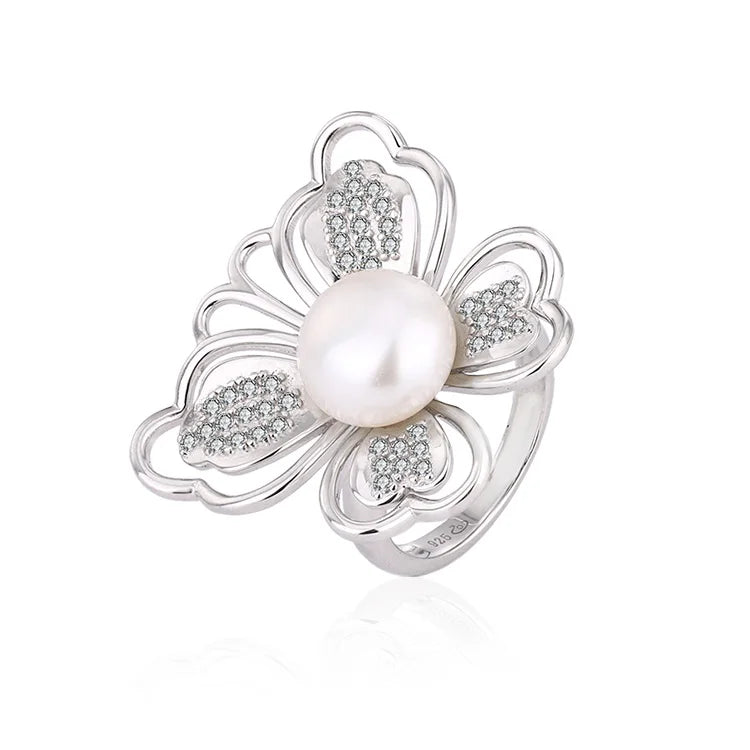 Wholesale customizable logo butterfly shape diamond inlaid 925 sterling silver pearl ring