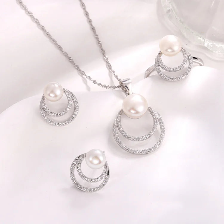 Wholesale fashion silver pearl ring earrings and necklace pendant jewelry set