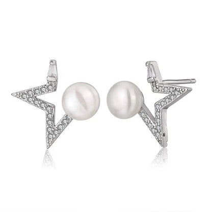 Fashion women jewelry earrings pentagram exquisite star silver pearl stud earrings