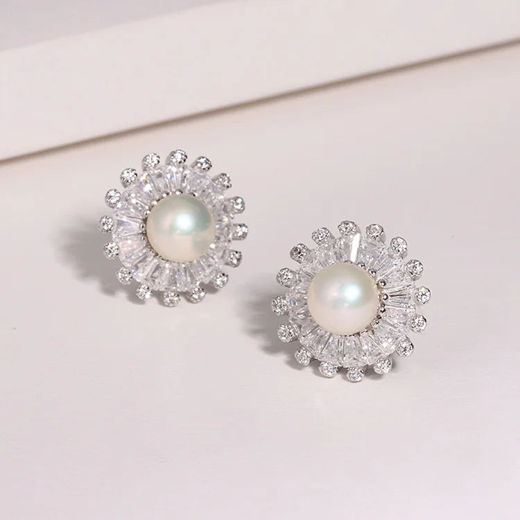 2024 jewelry 925 silver zircon freshwater fresh water natural pearl stud earrings