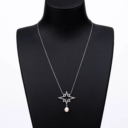 Wholesale price original cultured real pearl sterling silver star pendant necklace with diamond setting