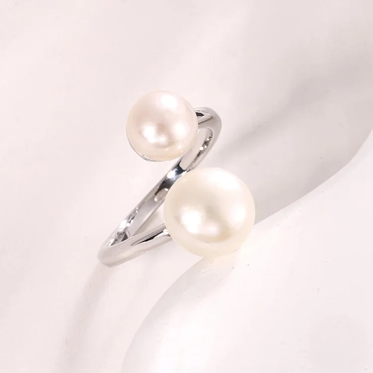 Bulk custom female ladies 925 sterling silver casual freshwater pearl women's ring with two pearls