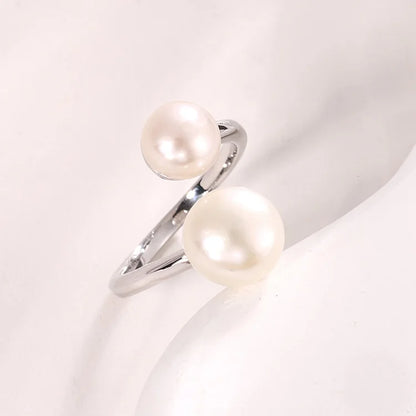 Bulk custom female ladies 925 sterling silver casual freshwater pearl women's ring with two pearls