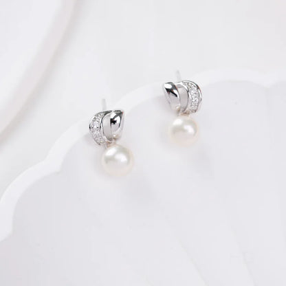 Minimalist pave set diamond geometric 925 sterling silver freshwater pearl stud earrings for woman