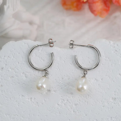 Circle gemstone fresh water pearl real 925 sterling silver freshwater pearl dangle drop earrings