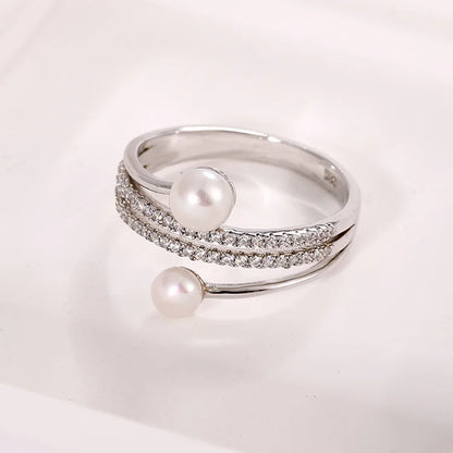 Elegant fashion zircon diamond-set 925 sterling silver women ring with 2 pearls