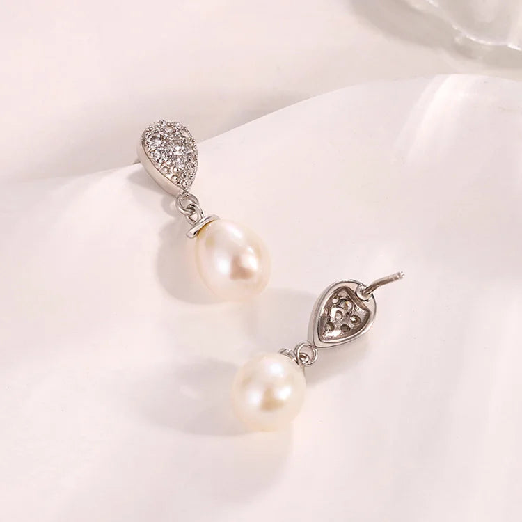 Beautiful stylish drop trendy 925 sterling silver freshwater cultured pearl earrings for women