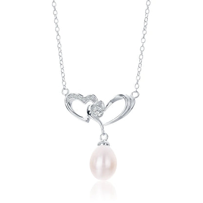 925 sterling silver hollow double love heart entwined shaped cultured freshwater pearl pendant diamond silver necklace