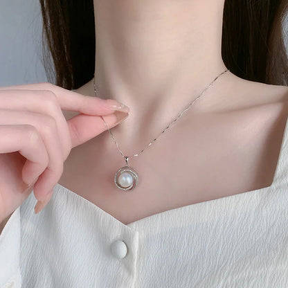 Custom fashion fine sterling silver 925 jewellery pearl round charm pendant necklace for women wholesale