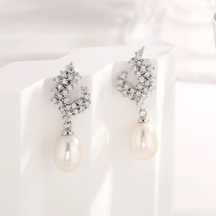 Hot sale inlaid fine diamonds setting 925 sterling silver freshwater cultured pearl drop dangle earrings