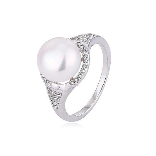 Custom LOGO fashion high-end 925 sterling silver real fresh water pearl ring with little small diamonds