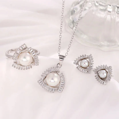 Wholesale custom women fashion pearl ring necklace chain pendant and studs earring set