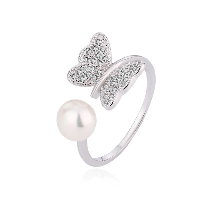 925 Sterling Silver Diamond Set Freshwater Pearl Butterfly Open Adjustable Ring