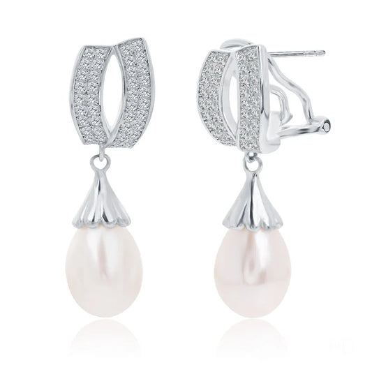 very high quality class freshwater pearl drop earrings cubic zirconia rhodium plated silver jewelry for wedding