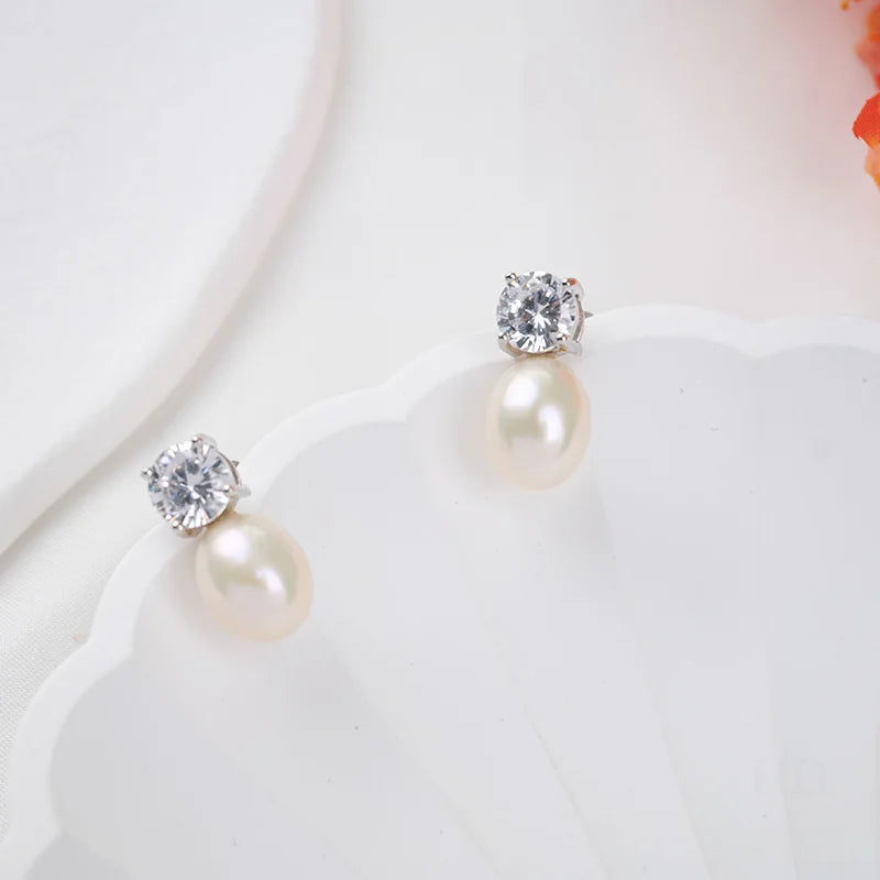 Original modern statement 925 sterling silver cultured teardrop pearl stud earrings with zircon diamond