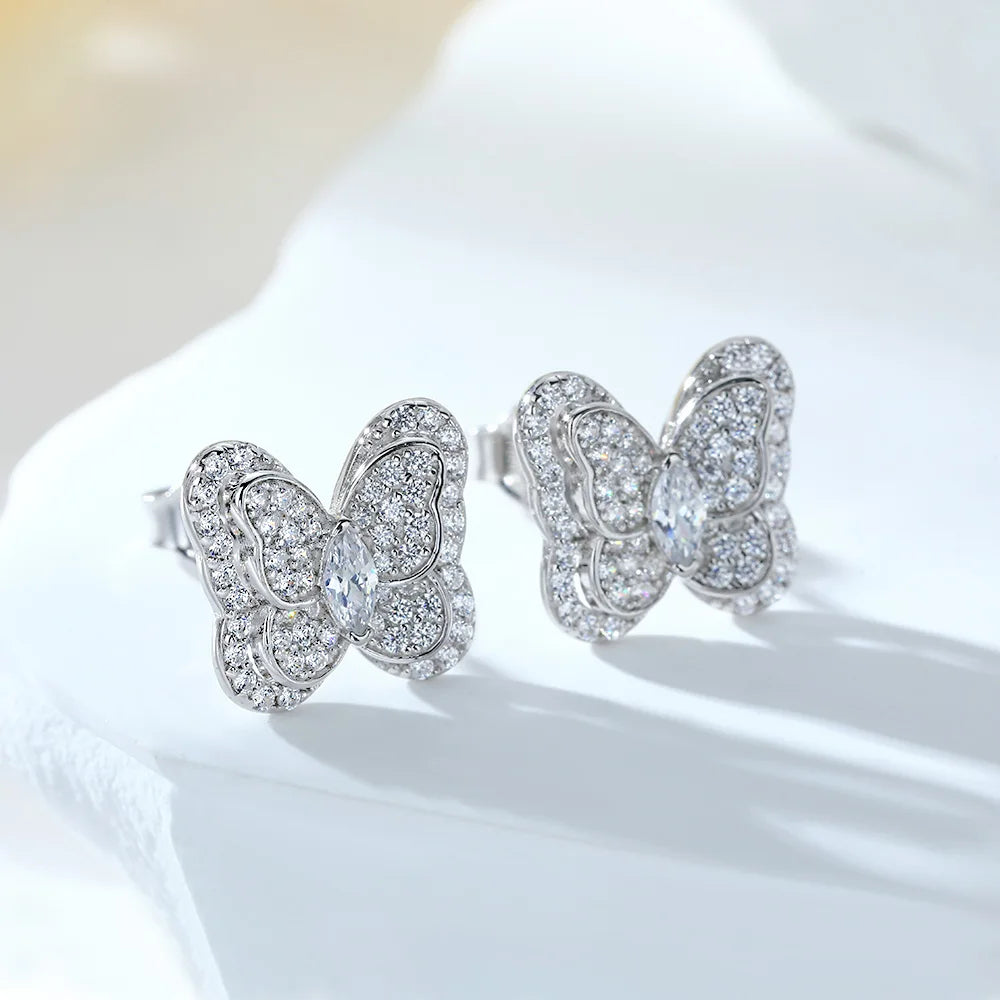 Trendy Earring Summer Butterfly Women Jewelry Cubic Zirconia 925 Sterling Silver Butterfly Stud Earrings