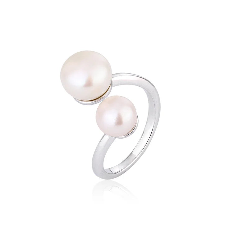 Bulk custom female ladies 925 sterling silver casual freshwater pearl women's ring with two pearls