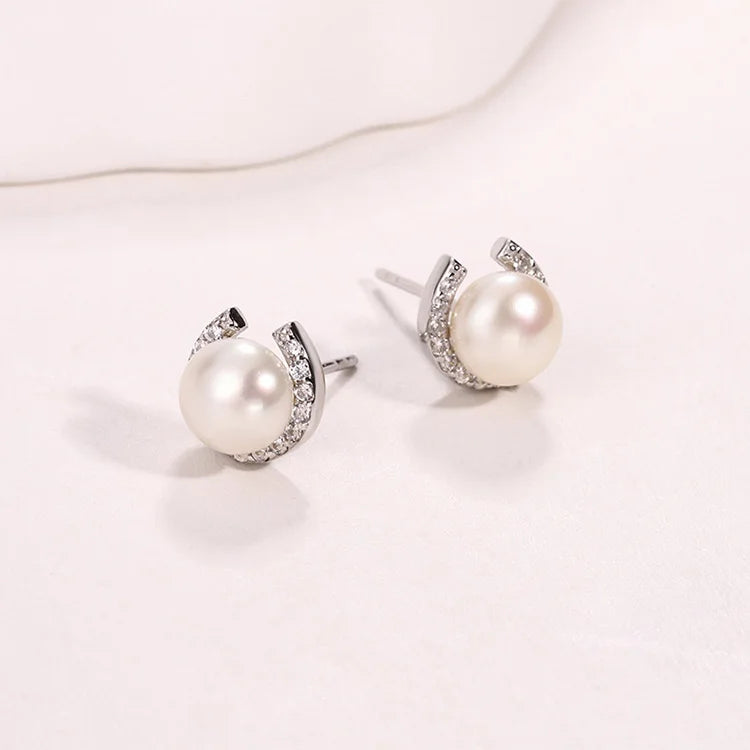 Designer 6mm pearl genuine 925 sterling silver diamond and freshwater cultured pearl women's stud earrings for women