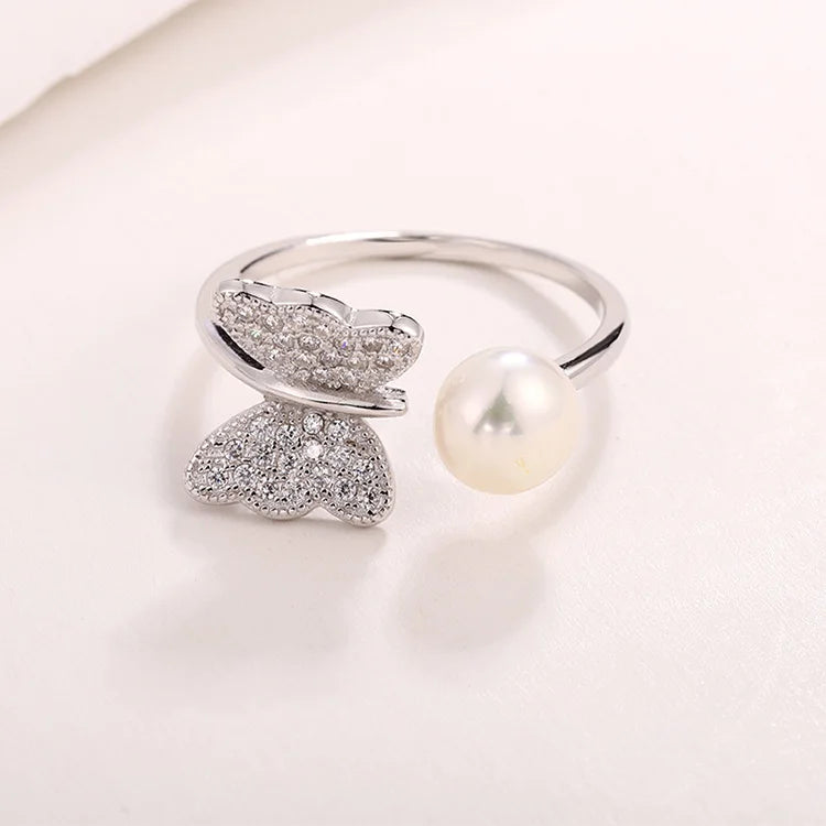 925 Sterling Silver Diamond Set Freshwater Pearl Butterfly Open Adjustable Ring