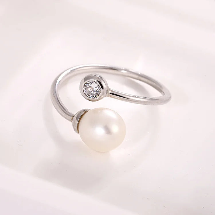 Simple 925 sterling silver opening adjustable fashion pearl ring with diamond