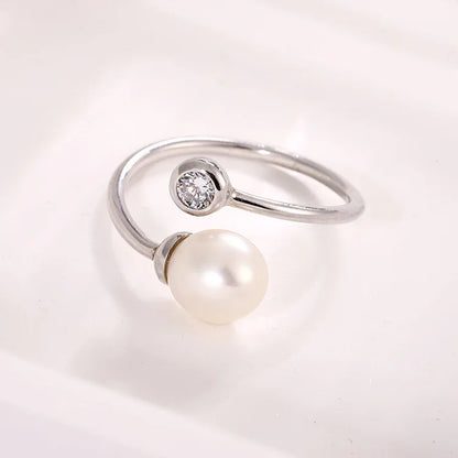 Simple 925 sterling silver opening adjustable fashion pearl ring with diamond