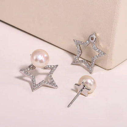 Custom logo mini oem jewelry women simple zirconia fresh water natural pearl star stud earrings