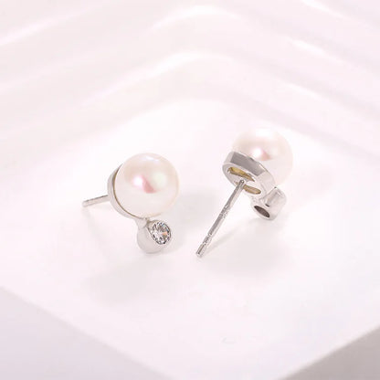 Small round stud 925 sterling silver freshwater cultured pearl earrings with a diamond