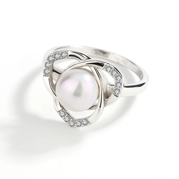 Custom logo zircon diamond-set intertwined 925 sterling silver pearl ring jewelry