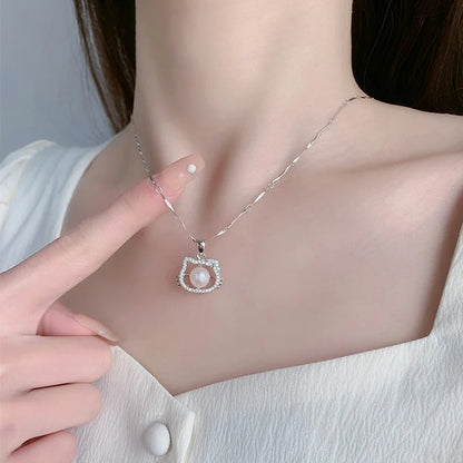 Wholesale custom made ladies 925 sterling silver necklace diamond-set dainty pearl cat animal shape charm pendant for women