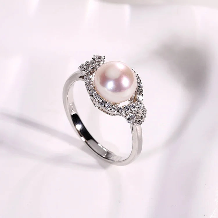 Women white pearl and diamond 925 sterling silver ring engagement wedding ring for female