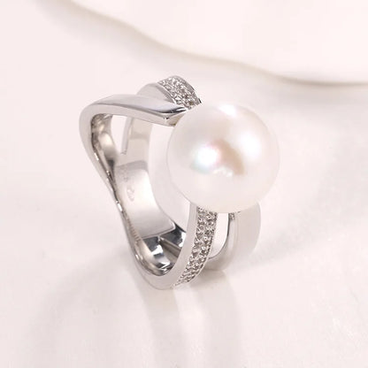 Fashion fine jewelry s925 silver freshwater pearl ring inlaid with moissanite diamonds