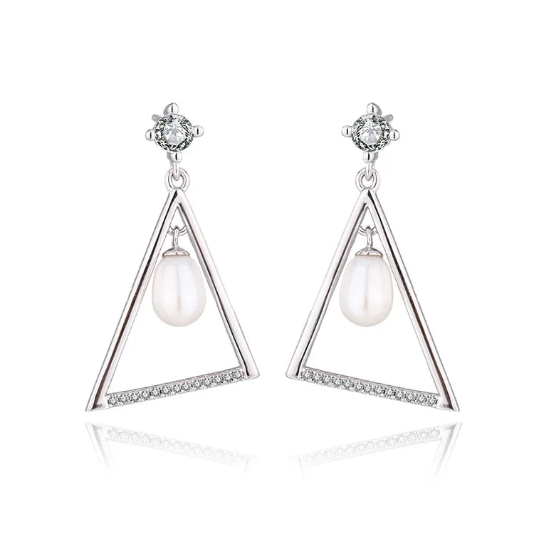 Wholesale bulk fashion statement luxury jewelry ladies womens 925 silver pearl triangle triangle earrings