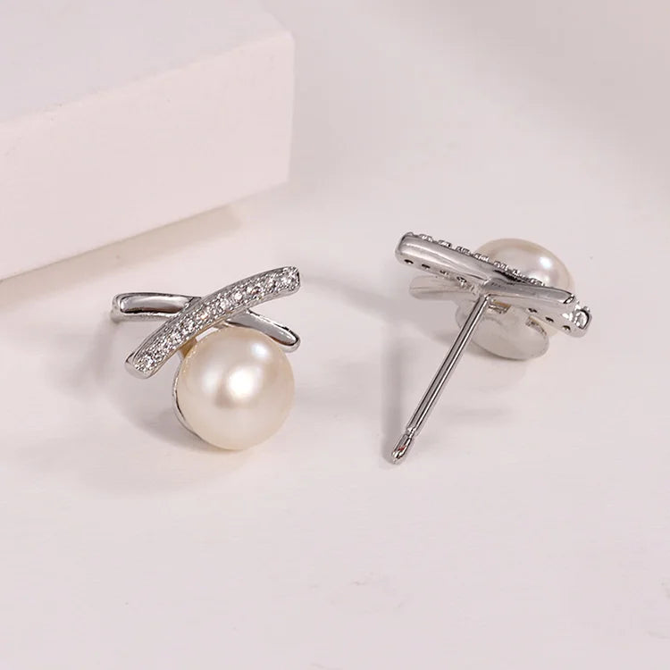 Fashion fine jewelry ladies 925 silver zircon geometric statement women freshwater pearl earrings jewellery