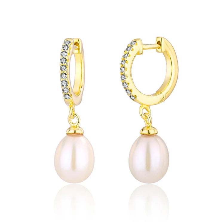 18k gold plated 925 sterling silver drop freshwater pearl women earrings with cubic zirconia