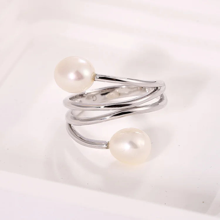 Beautiful fashionable double ring double fresh water pearl 925 sterling silver ring with two pearls