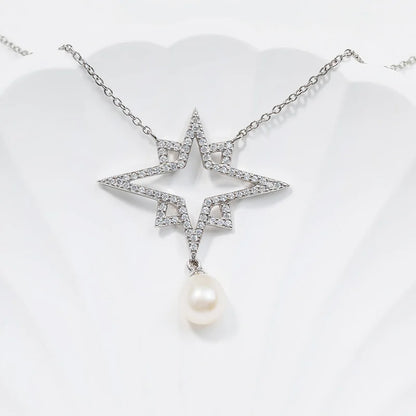 Wholesale price original cultured real pearl sterling silver star pendant necklace with diamond setting