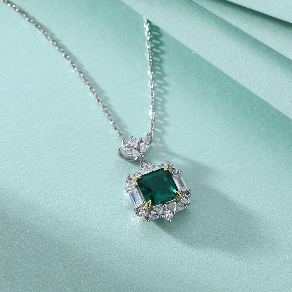 Luxury Emerald Cushion Cut 7*7mm 18k Thick Gold Plated Claw Setting 925 Silver Pendant Necklaces for Party