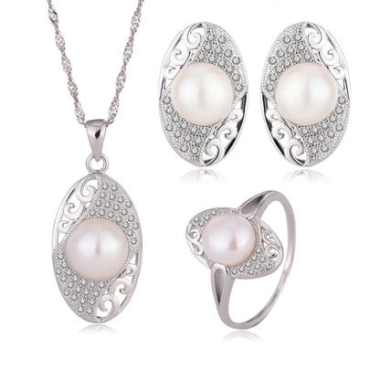 High quality high end 925 sterling silver earrings stud necklace pearl pendant ring set for woman jewelry