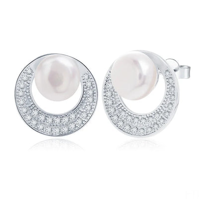 rhodium sterling silver 925 cubic zirconia jewellery freshwater pearl stud earrings 18K gold for women