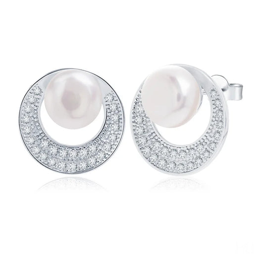 rhodium sterling silver 925 cubic zirconia jewellery freshwater pearl stud earrings 18K gold for women