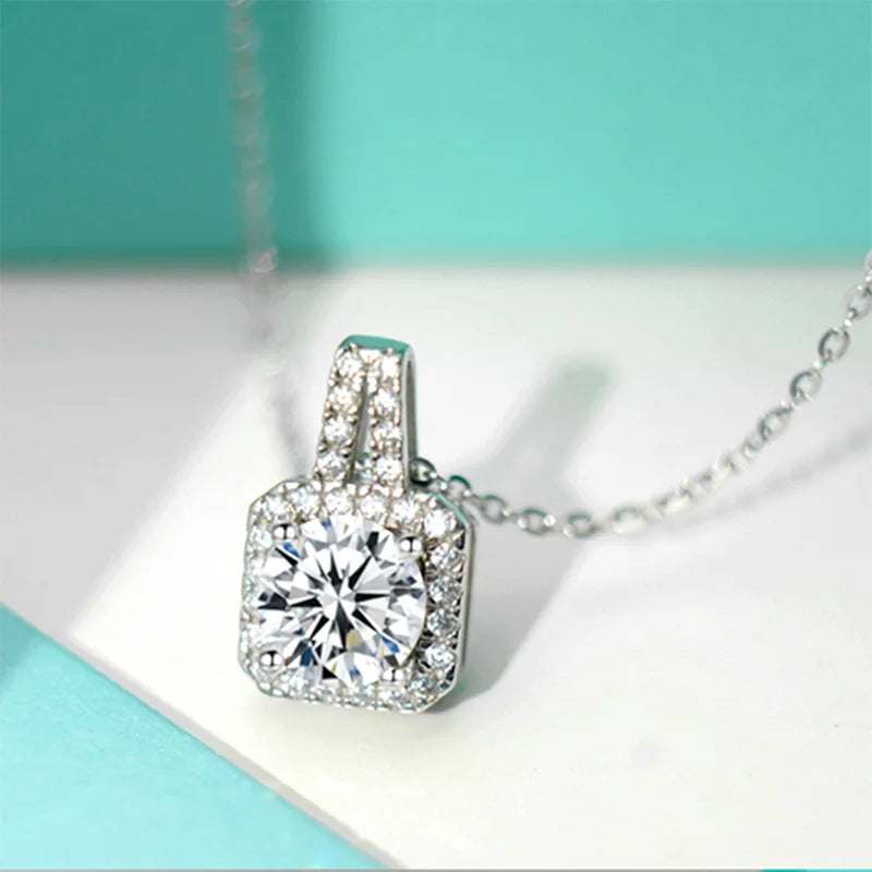 Jeweller Buy Women's 925 Sterling Silver Link Chain Necklace with 1 CT Brilliant Cut Moissanite Diamond iced-out Square Pendant Gift Wedding