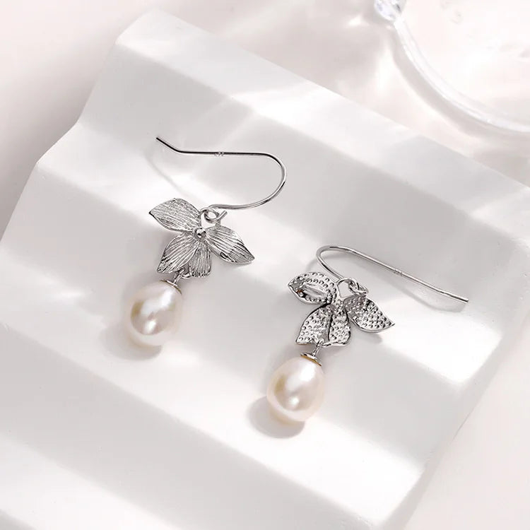 Custom logo jewelry 925 s925 sterling silver fresh water pearl leaf clover earring