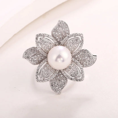 Fashion luxurious diamond set 925 sterling silver cultured natural freshwater pearl flower shape ring for women