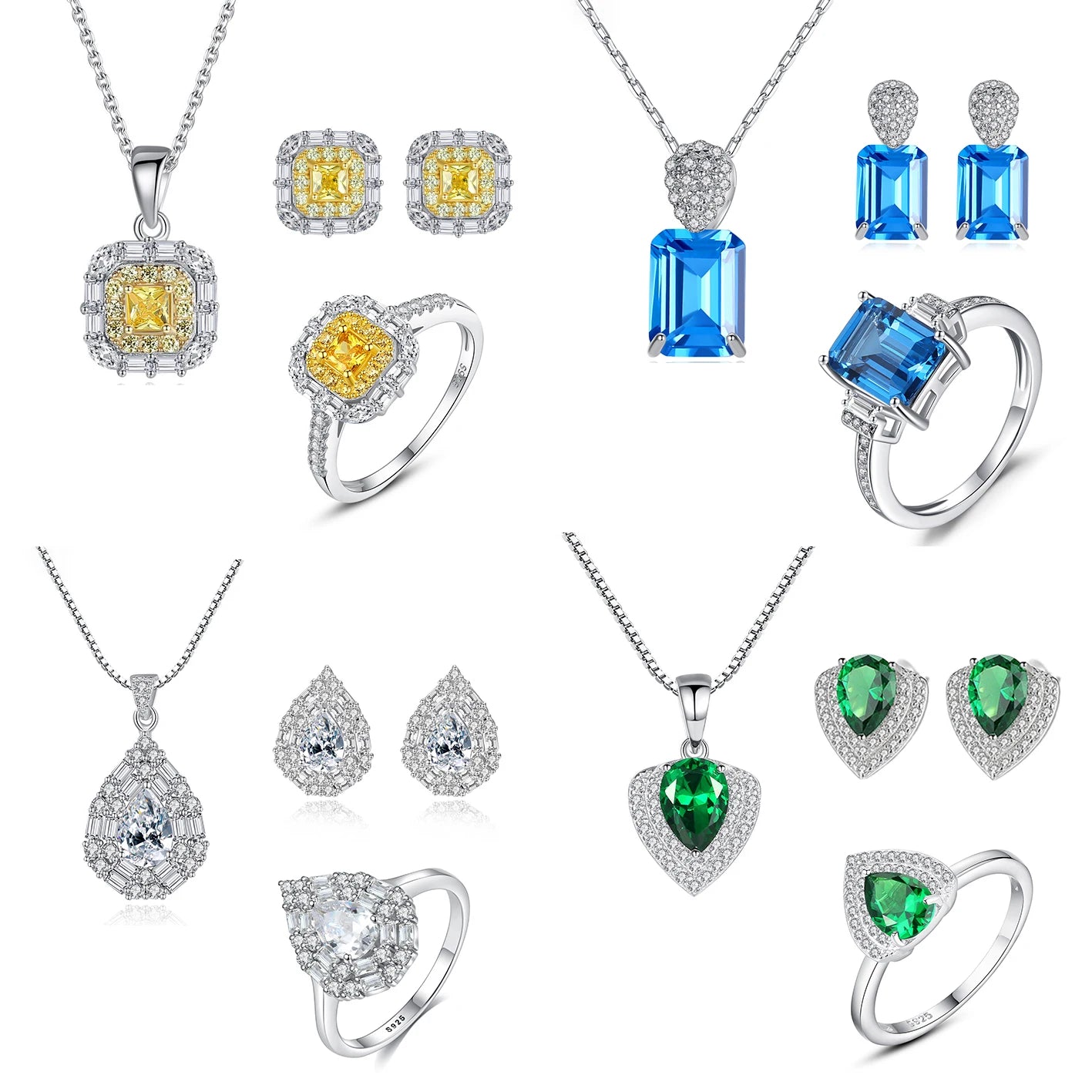 Jewelry Set  Women Jewelry Rhodium Plated Colorful Zirconia Stone Ring Necklace Earring Non Tarnish Jewelry Sets