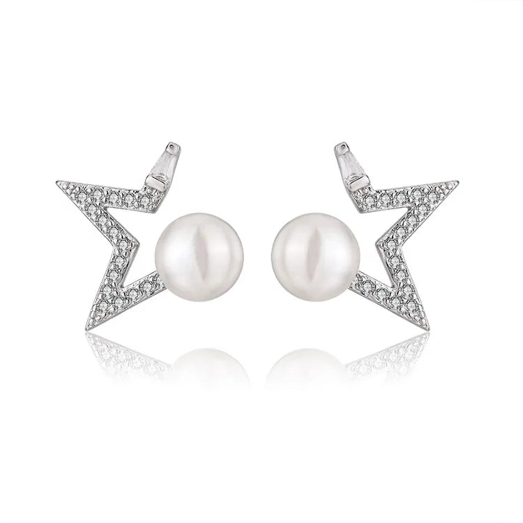 Fashion women jewelry earrings pentagram exquisite star silver pearl stud earrings