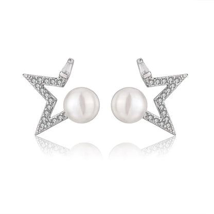 Fashion women jewelry earrings pentagram exquisite star silver pearl stud earrings