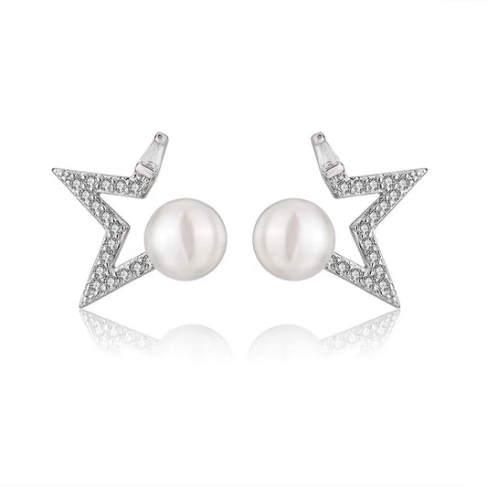 Fashion women jewelry earrings pentagram exquisite star silver pearl stud earrings