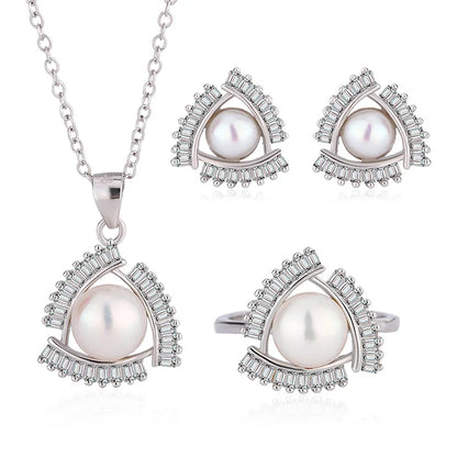 Wholesale custom women fashion pearl ring necklace chain pendant and studs earring set