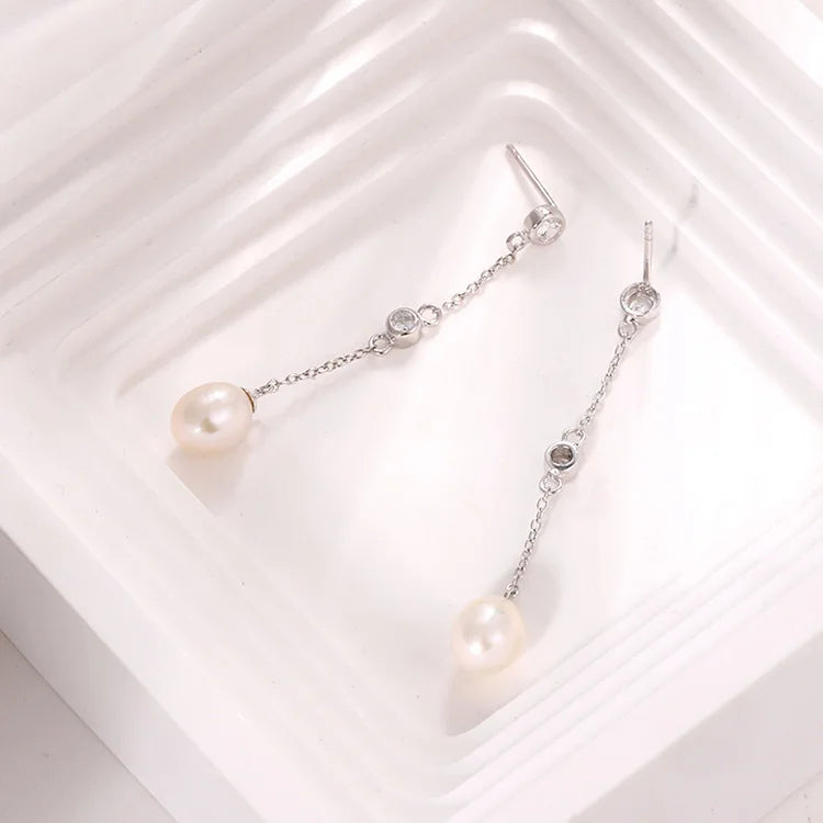 Zircon CZ diamond 925 sterling silver freshwater cultured pearl long chain drop earrings with chain